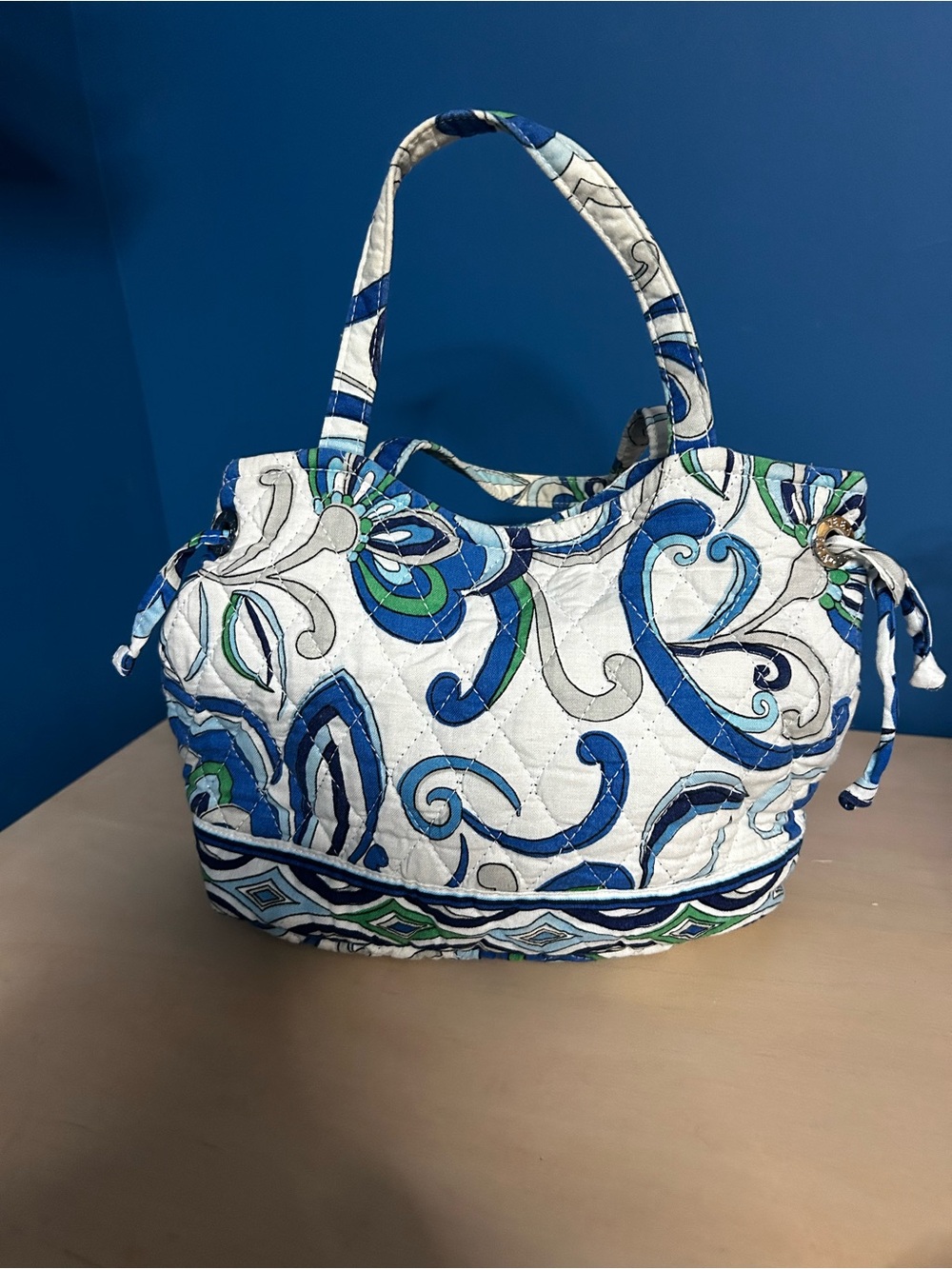 Vera Bradley Small Mediterranean White Quilted Scroll-Print Tote Bag